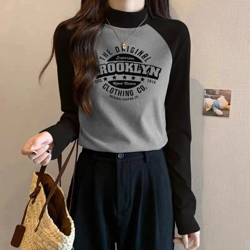 德绒加绒加厚保暖半高领长袖T恤女秋冬季磨毛内搭插肩上衣打底衫