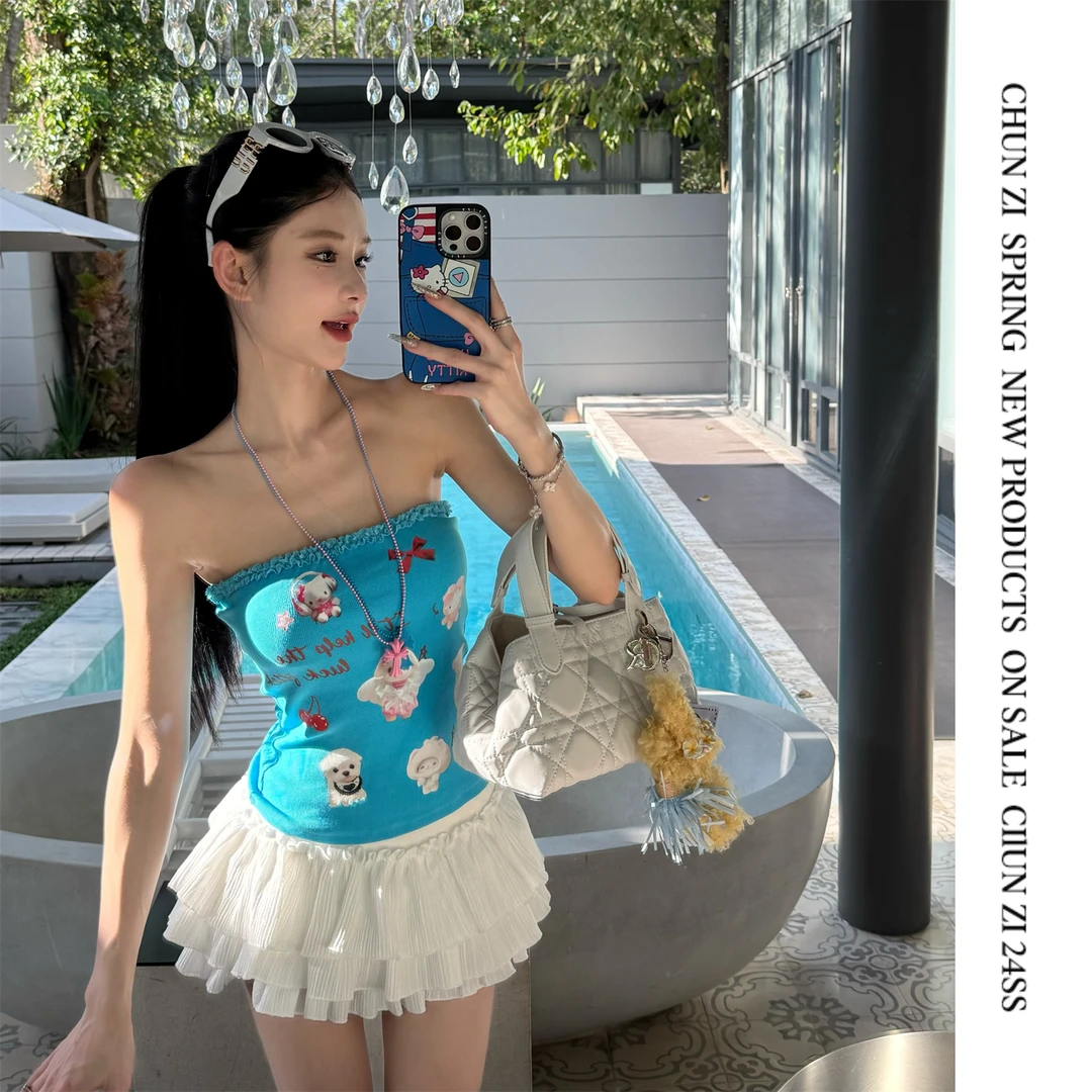 【CHUN ZI】25春夏 可爱动物印花美式复古甜心辣妹显瘦背心上衣