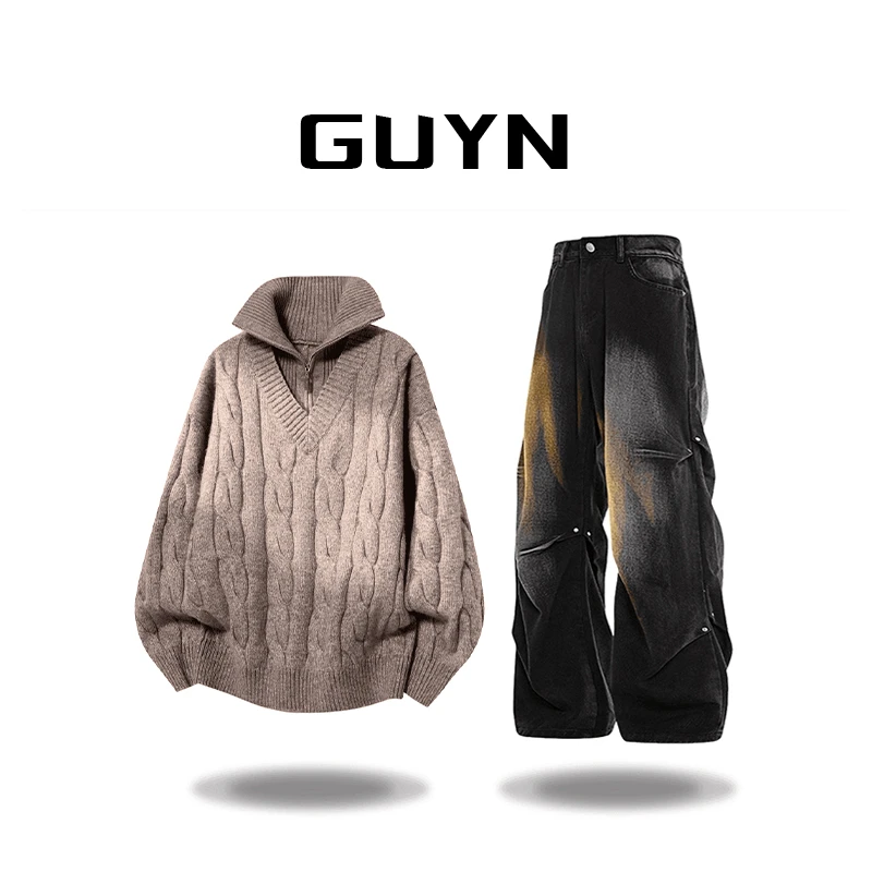 【品牌正品现货】GUYN假两件高领男士毛衣秋冬休闲保暖慵懒风针织衫