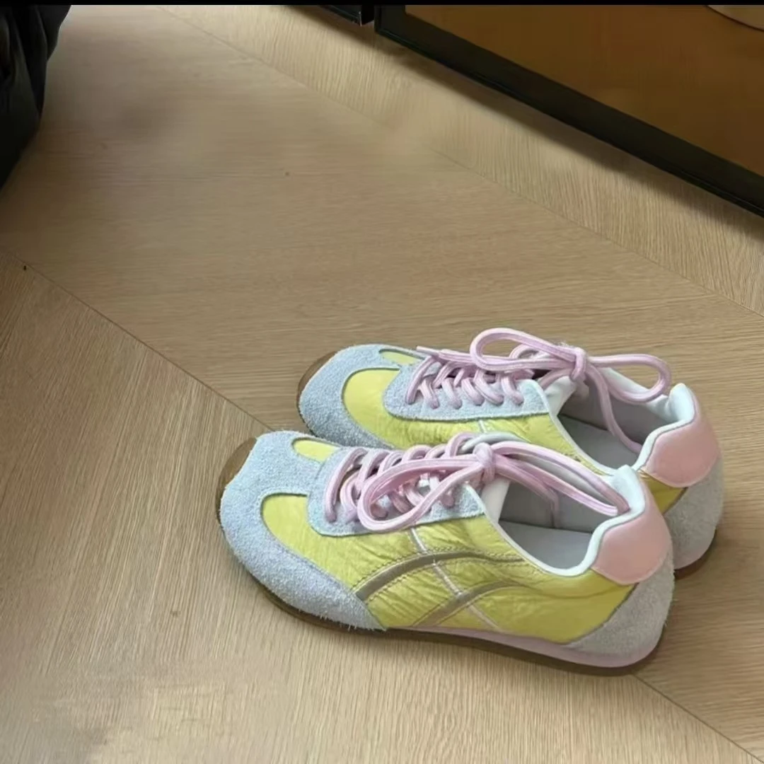 2025春夏新款明系低饱和德训鞋女复古系带休闲百搭拼色平底阿甘鞋