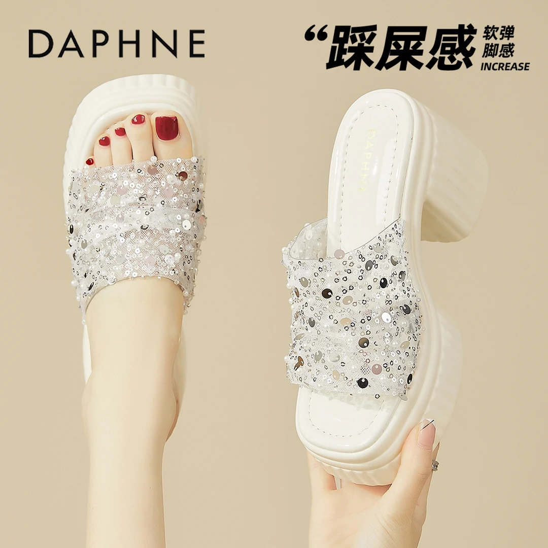 达芙妮超高跟亮片凉拖鞋女2025新款夏季法式外穿厚底一字拖沙滩鞋