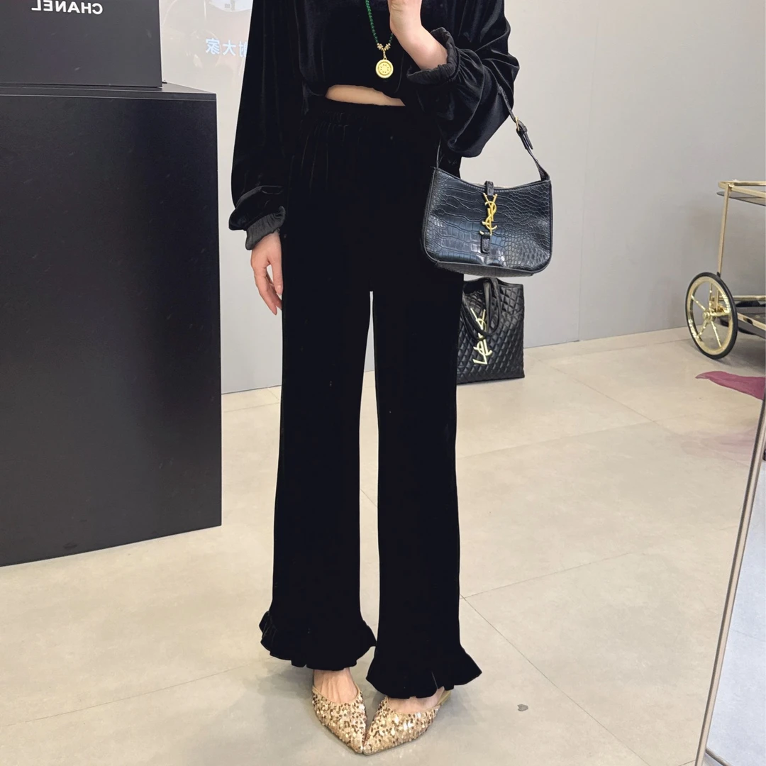 韩版东大门丝绒花边高腰显瘦气质时尚直筒喇叭裤585