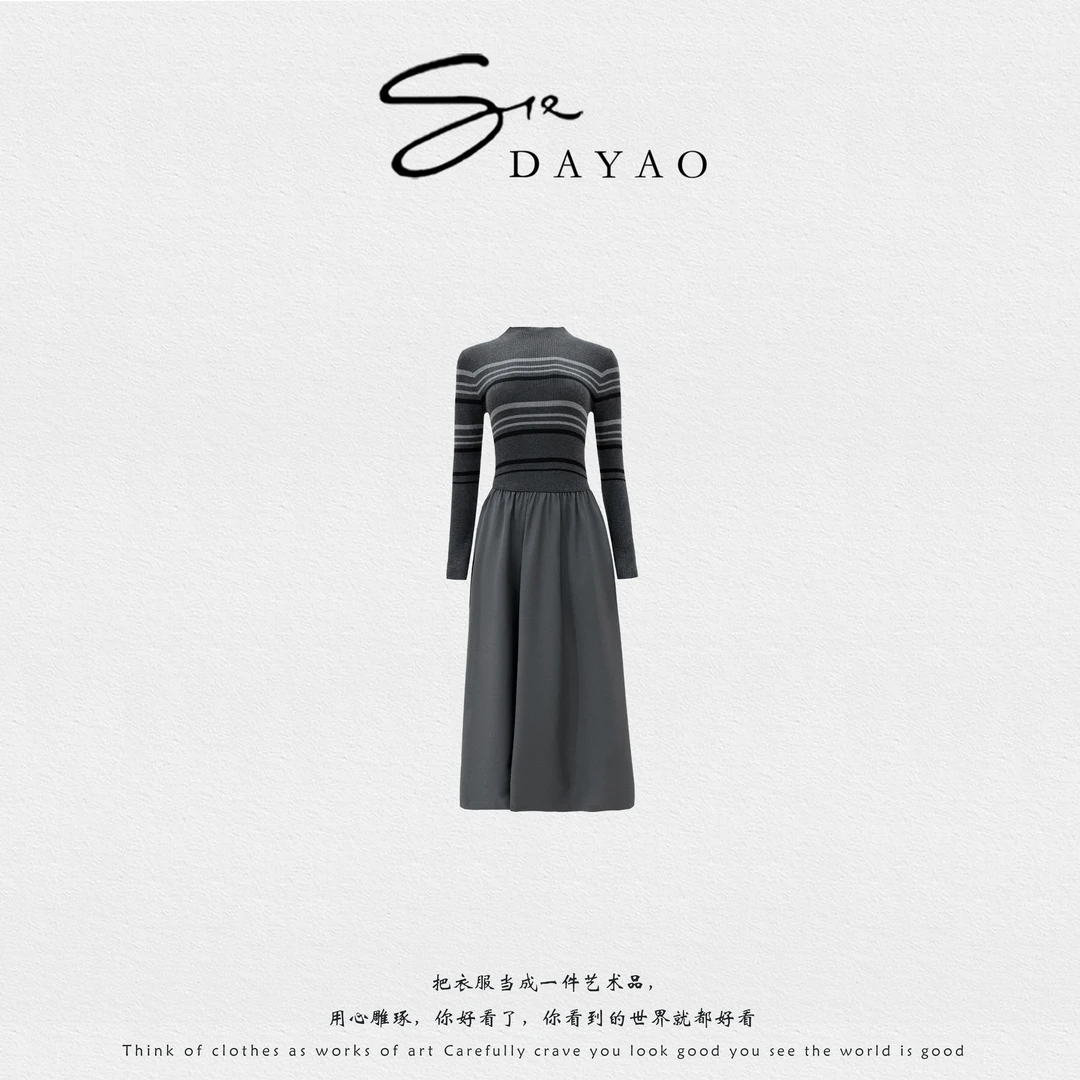 「DAYAO」25s女装收腰秋季长款常规拼接连衣裙长袖连衣裙WYA2595