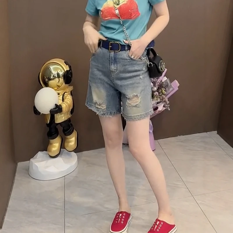 大码高腰显瘦百搭破洞直筒牛仔短裤夏季新款宽松遮肉毛边阔腿裤女