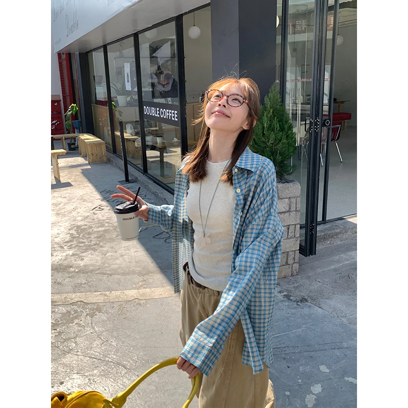 宋正恩蓝色格子衬衫外套女韩系慵懒宽松时尚百搭衬衣上衣ZE6936