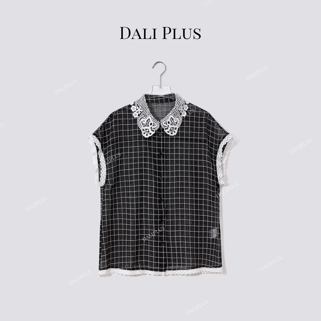 DALI PLUS“方格翻领休闲蕾丝衬衫”重磅莱赛尔纤维衬衫-D5CH4471
