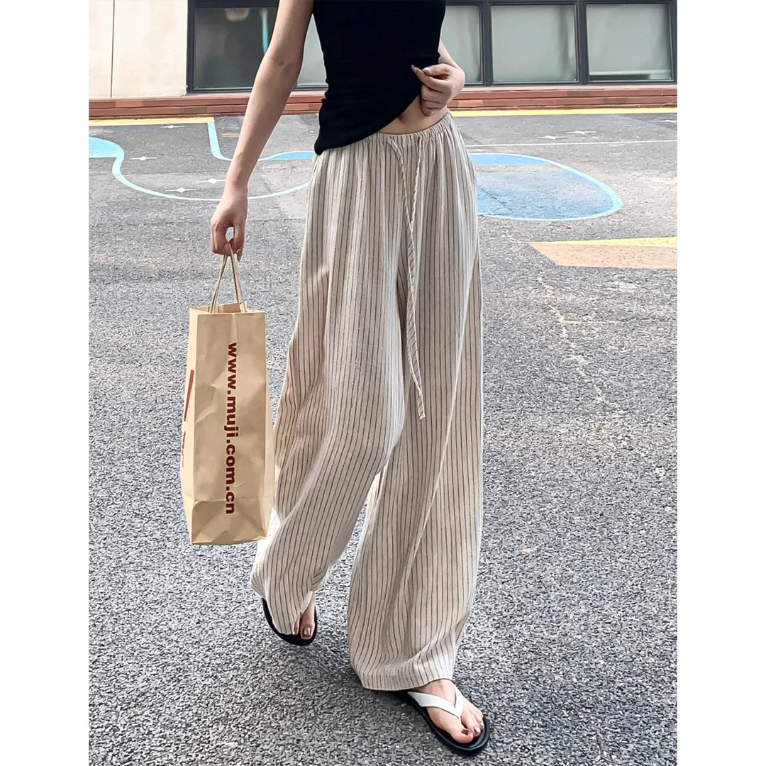 日系棉麻条纹阔腿裤女夏季薄款小个子高腰显瘦慵懒垂感拖地休闲裤