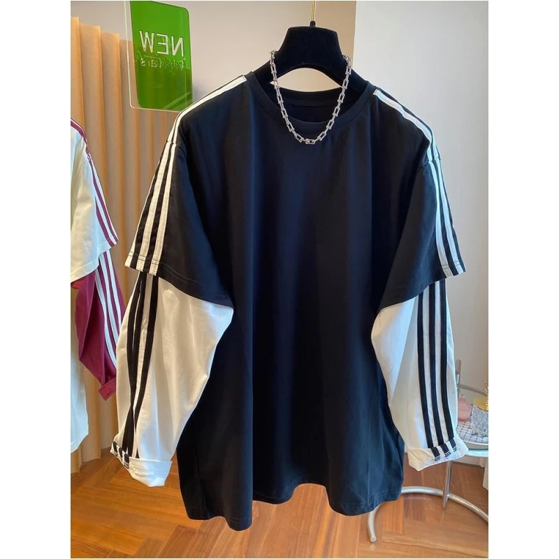 美式高街300斤特大码条纹拼接长袖T恤男女款复古休闲秋季款打底衫