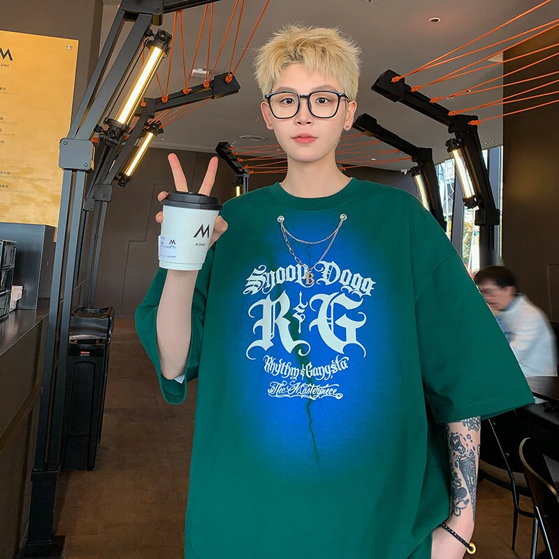 PLQV夏季新款港风百搭休闲项链印花短袖T恤情侣半袖碎花宽松大码