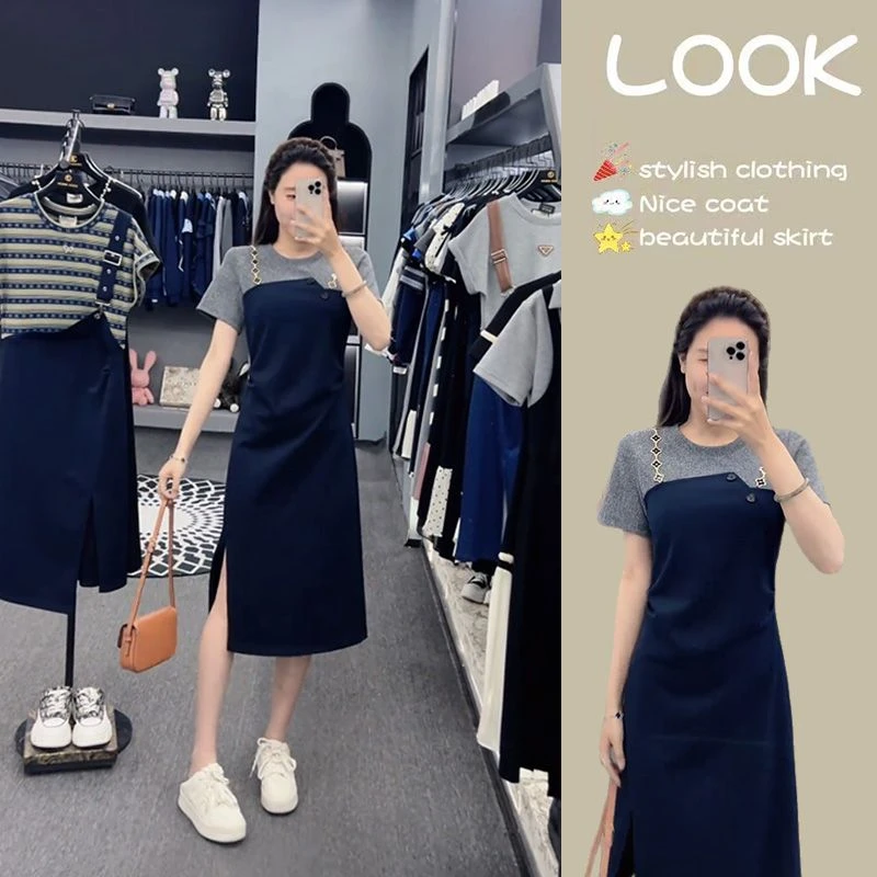 假两件撞色拼接短袖连衣裙女轻奢气质显瘦中长裙2025夏季新款女装