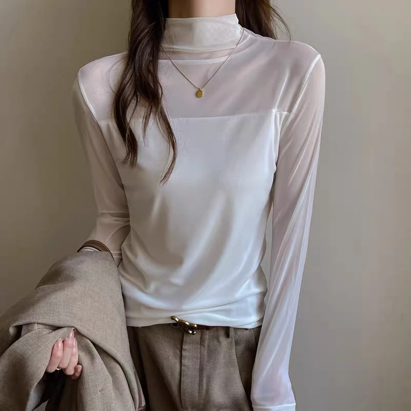 半高领拼接网纱打底长袖打底