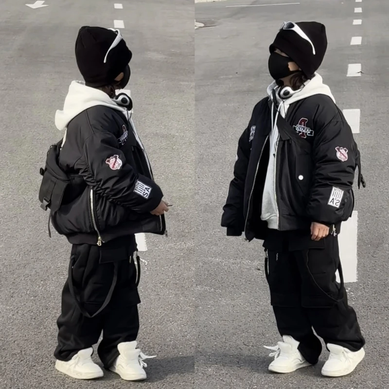 七乐乐家儿童加绒加厚棒球服2025冬款美式复古宽松休闲飞行员上衣