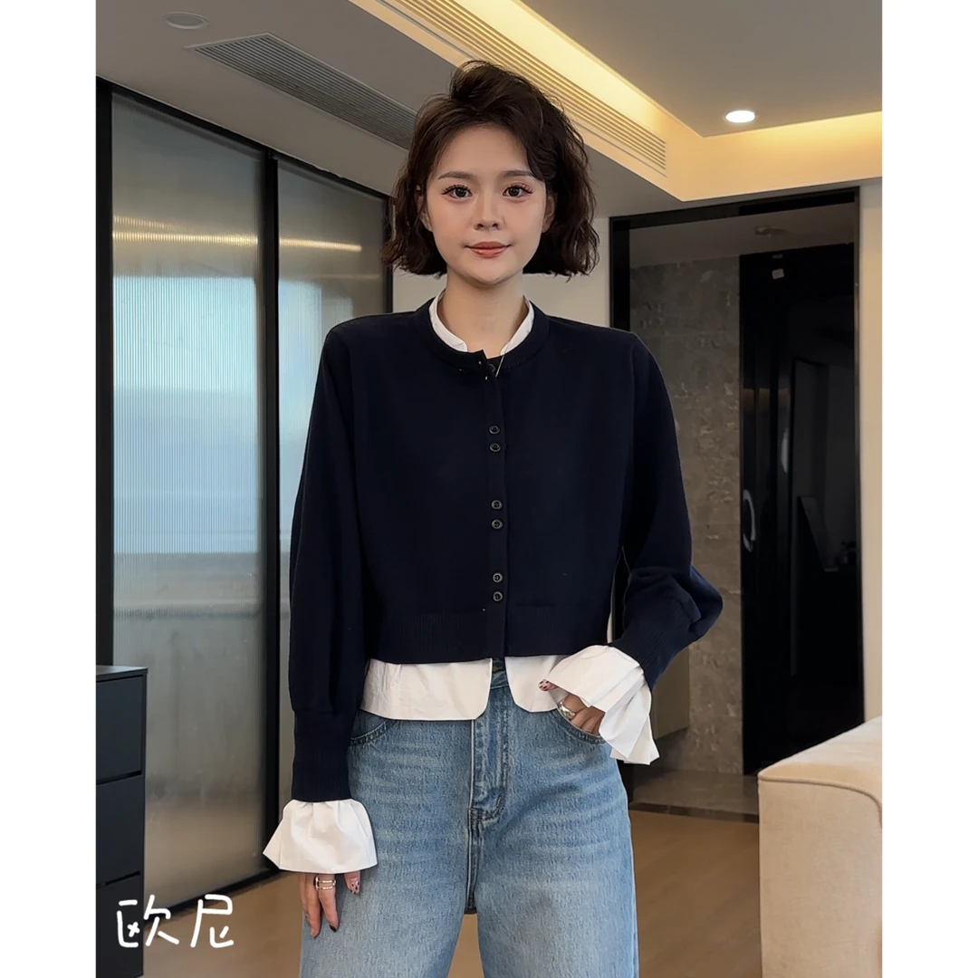 欧尼私服 2025春款时尚圆领拼接假两件针织开衫2502C618
