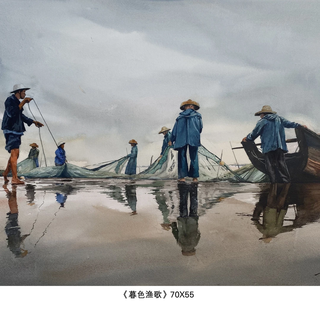 隐城美术馆&翁腾飞老师《暮色渔歌》水彩画 艺术收藏 挂画