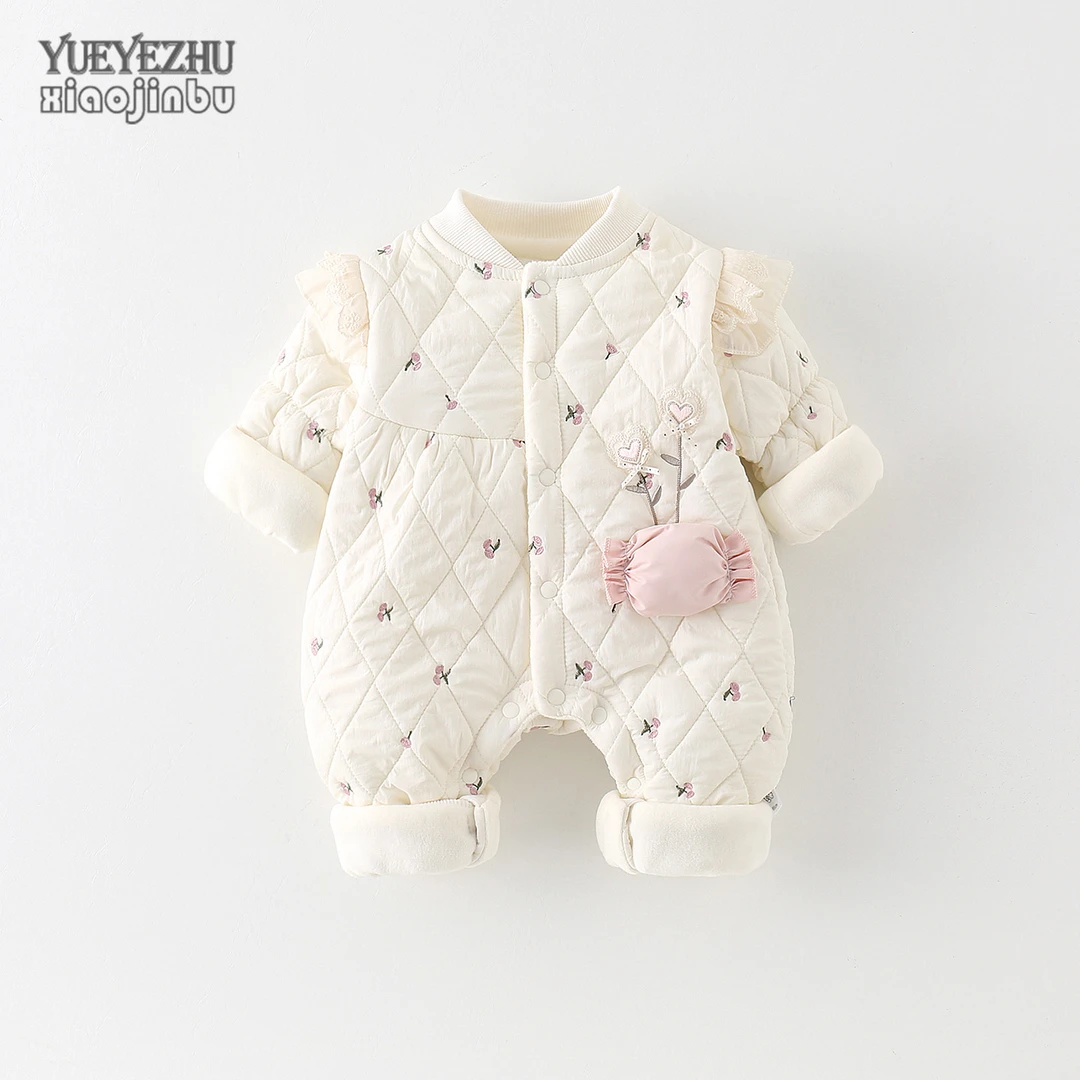 韩版婴儿衣服秋冬绗棉连体衣女宝宝深秋装洋气公主哈衣薄棉外出服