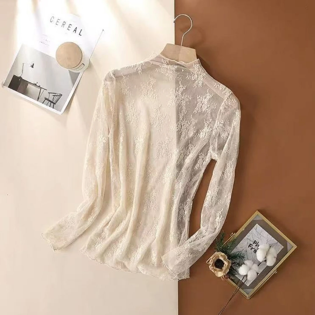 【冰冰】高档蕾丝打底衫女2025洋气镂空长袖网纱性感内搭上衣小衫