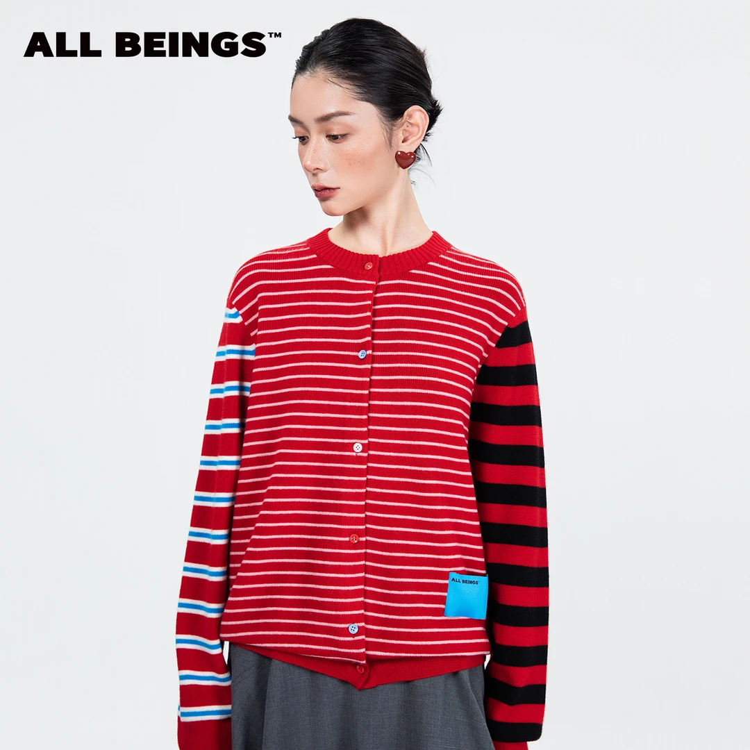ALL BEINGS25AW秋季新款红米条纹鸳鸯袖圆领针织开衫