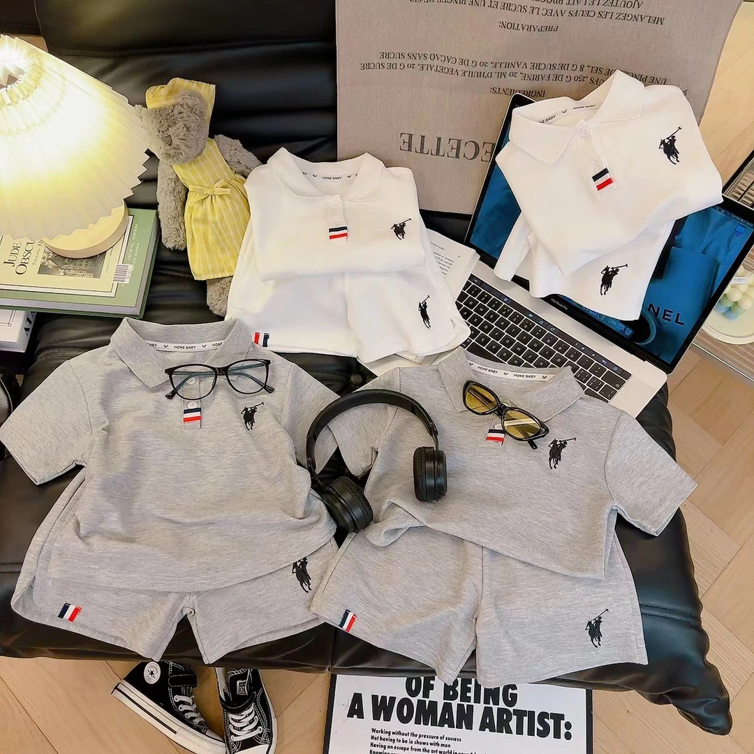 儿童POLO短袖套装夏季新款男女童刺绣T恤珠地棉翻领