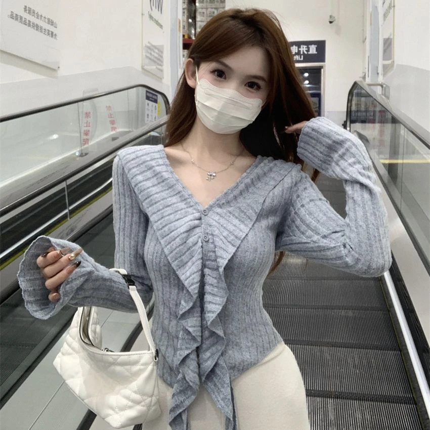 百搭时尚显瘦洋气小众韩版气质薄款打底衫上衣针织衫辣妹风荷叶边