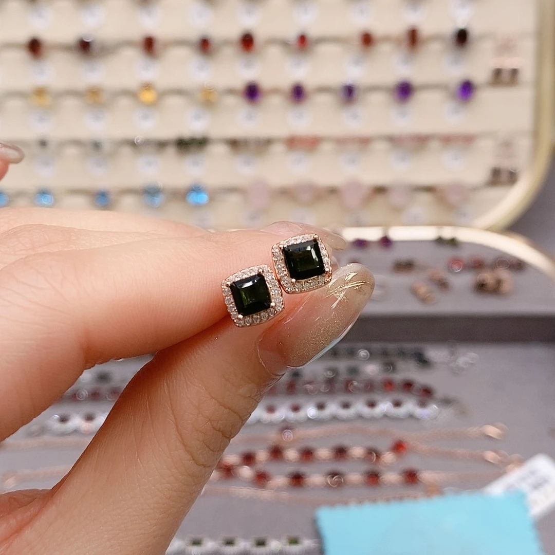 碧玺耳钉银S925镶嵌耳钉