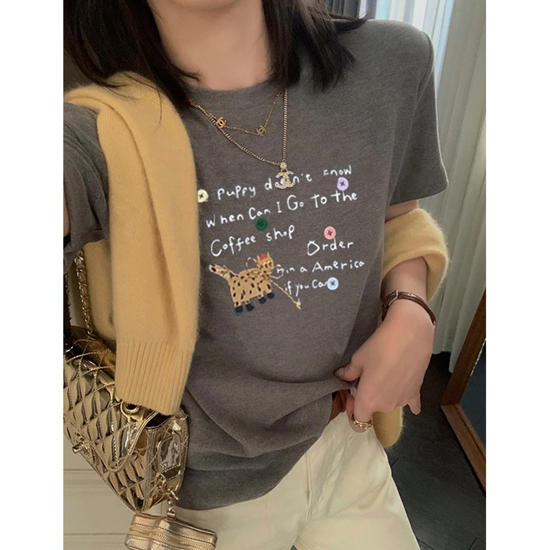 时尚简约印花短袖t恤女夏季韩版休闲百搭半袖设计感小众圆领上衣