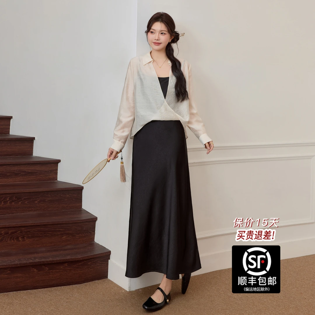 蓝语大码女装气质黑色吊带连衣裙遮肉衬衫上衣2025秋冬搭配一整套