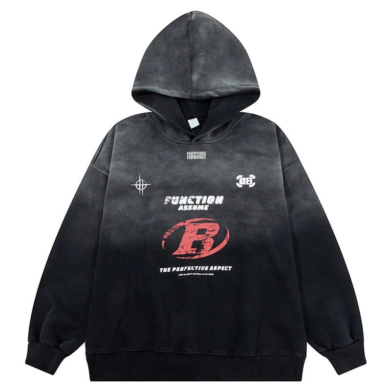 启林渐变连帽卫衣男女秋季美式vibe潮牌印花上衣复古宽松情侣外套