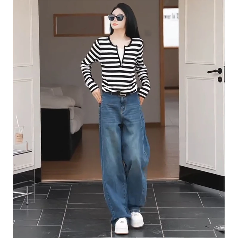 2025秋季休闲松弛感穿搭一整套假两件条纹长袖上衣牛仔裤子两件套