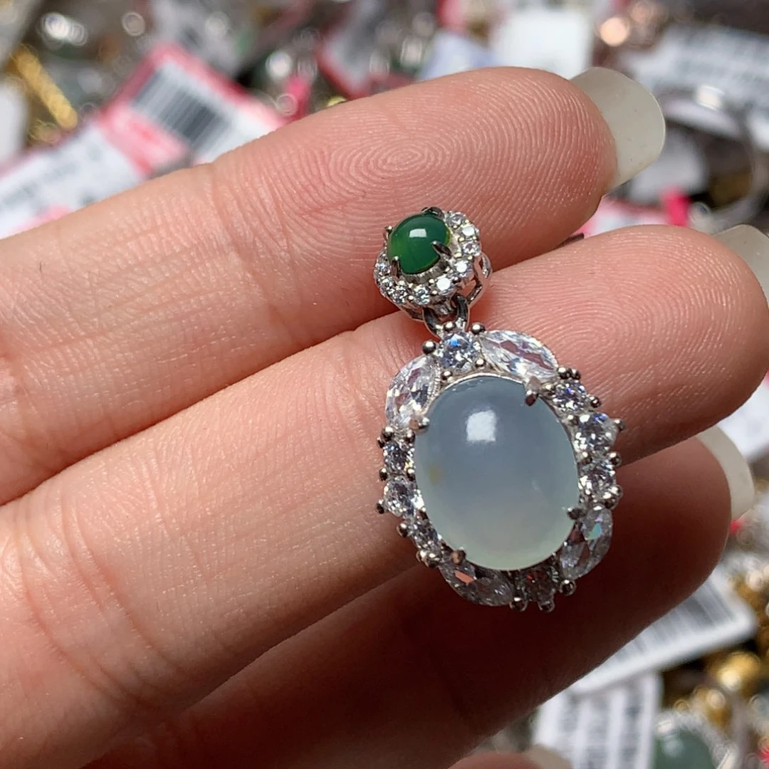 翡翠戒指银S925镶嵌天然翡翠吊坠