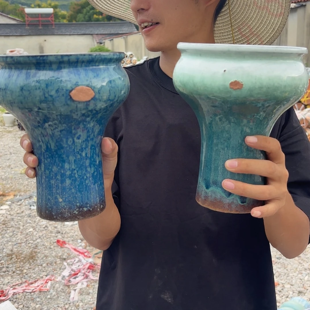 紫砂花盆蓝绿火锅瑕疵两个口径15*20