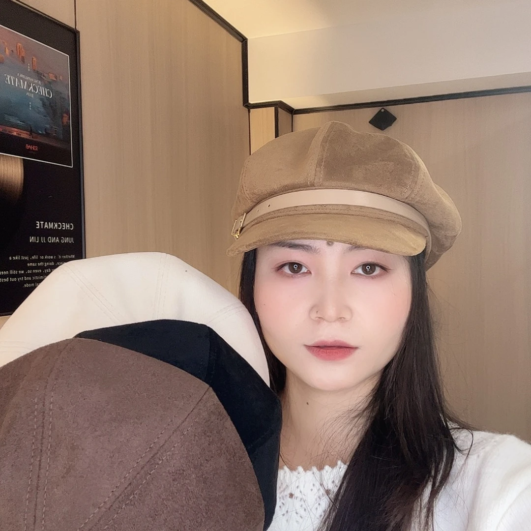 头层牛皮革八角麂皮绒帽子