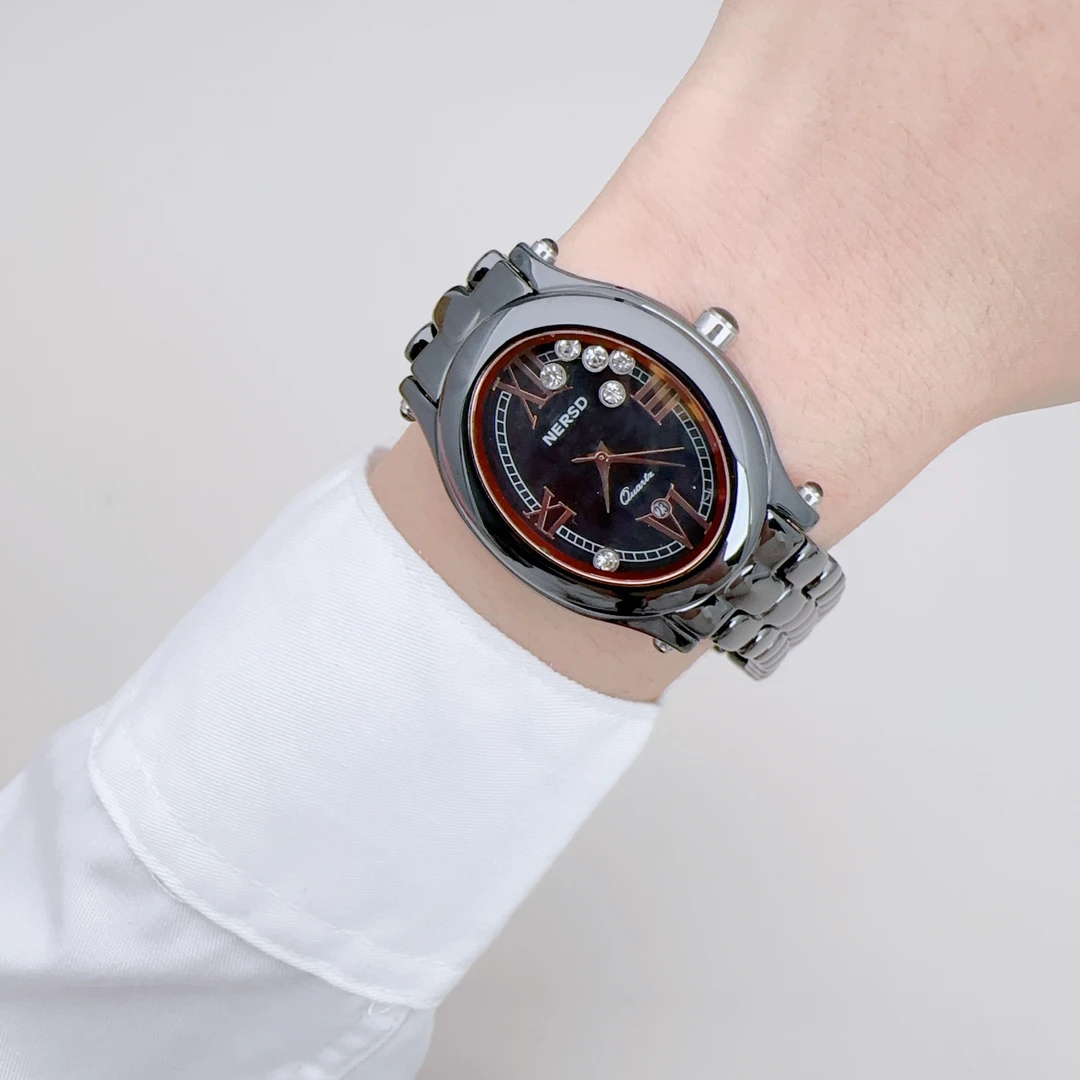 耐尔斯顿手表女陶瓷大盘气质日历防水进口石英机芯撤柜少量库存