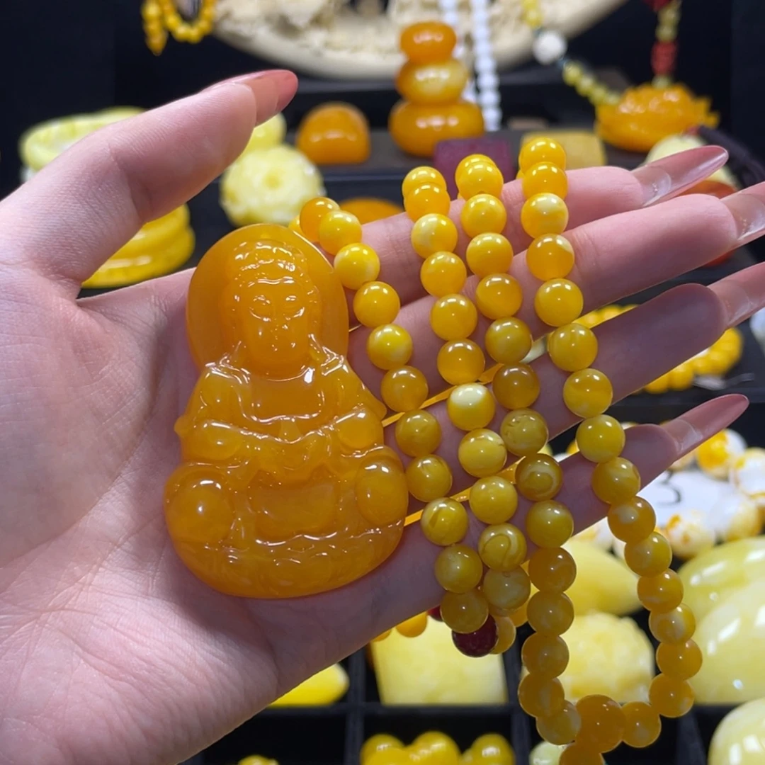 心***水鸡油黄款108珠卡8一条鸡油黄款中号观音吊坠一个