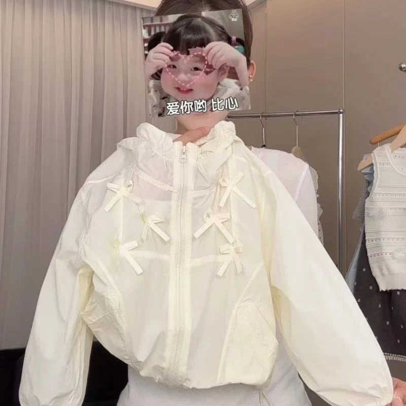 女童防晒衣夏季新款2025儿童洋气蝴蝶结连帽薄外套小女孩休闲上衣