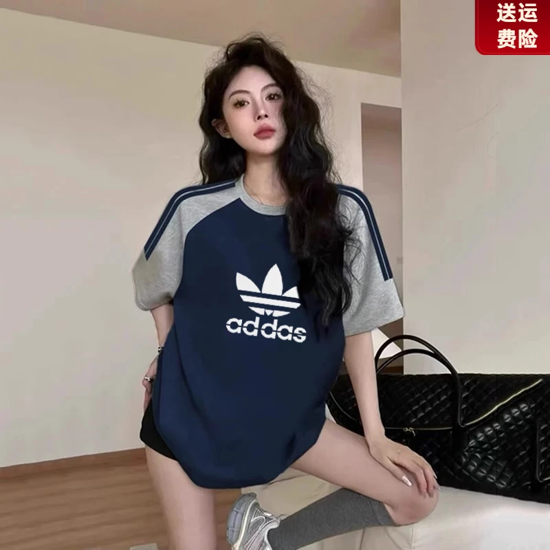 官方正品奥特莱斯美式短袖T恤女2025夏季宽松纯棉拼色条纹上衣S