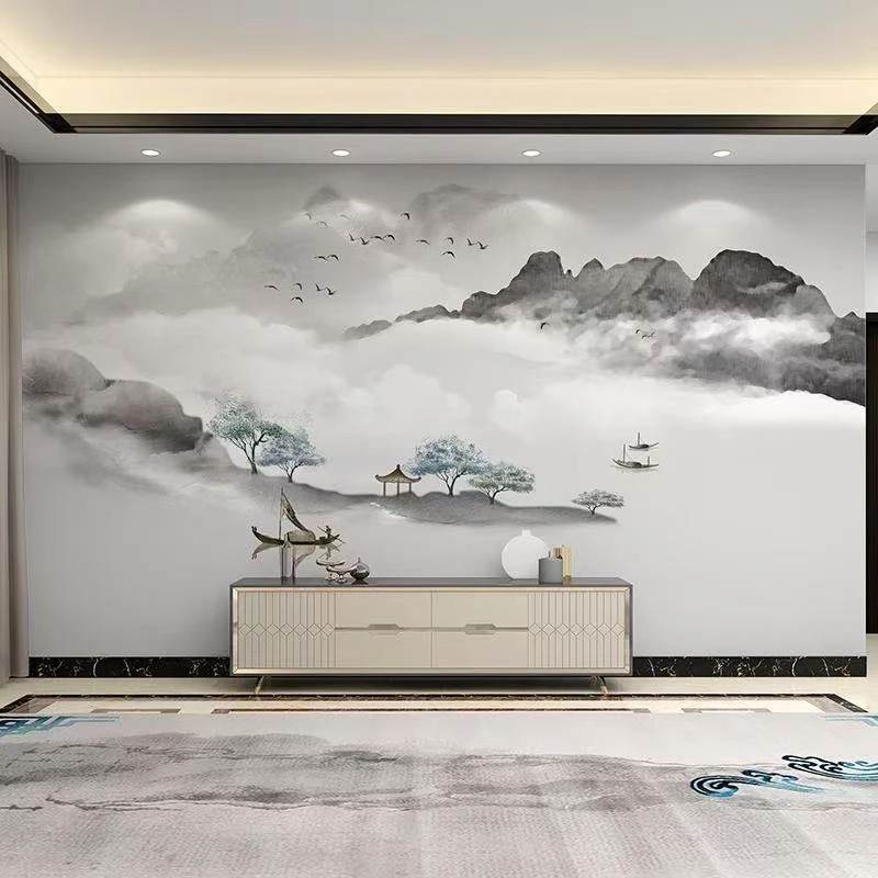 2025新中式3d风景山水画壁布客厅电视背景墙壁画装饰卧室定制壁纸