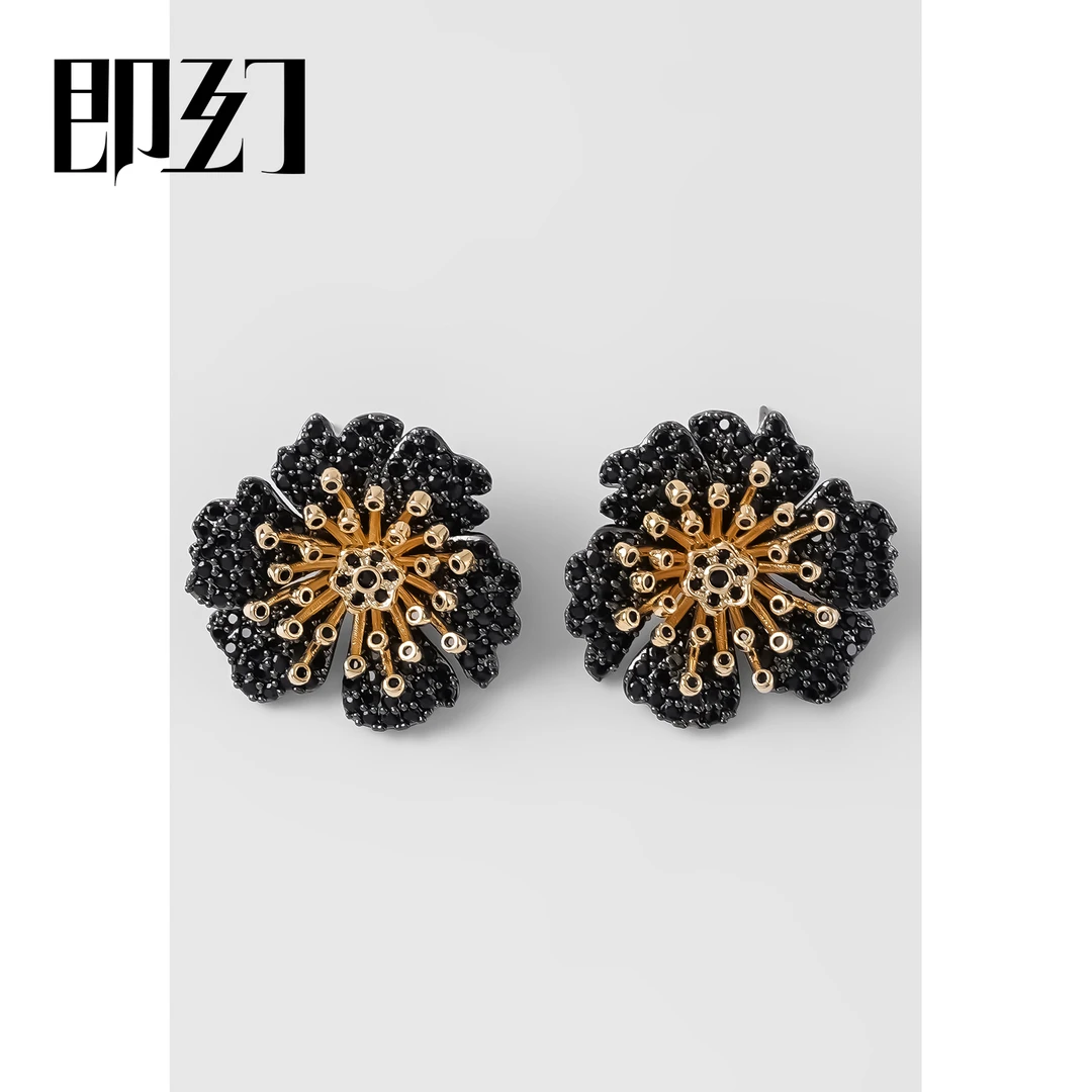 铜合金耳饰 欧美花型优雅黑色镶嵌设计师轻奢耳环 9197