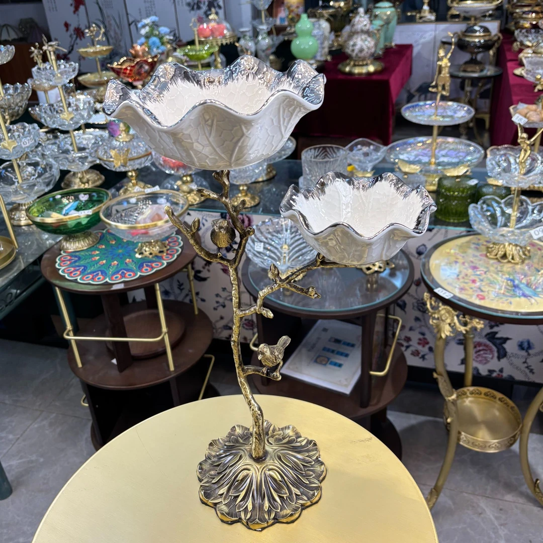 全铜中式喜上枝头双层托盘水晶玻璃家用客厅茶几水果盘