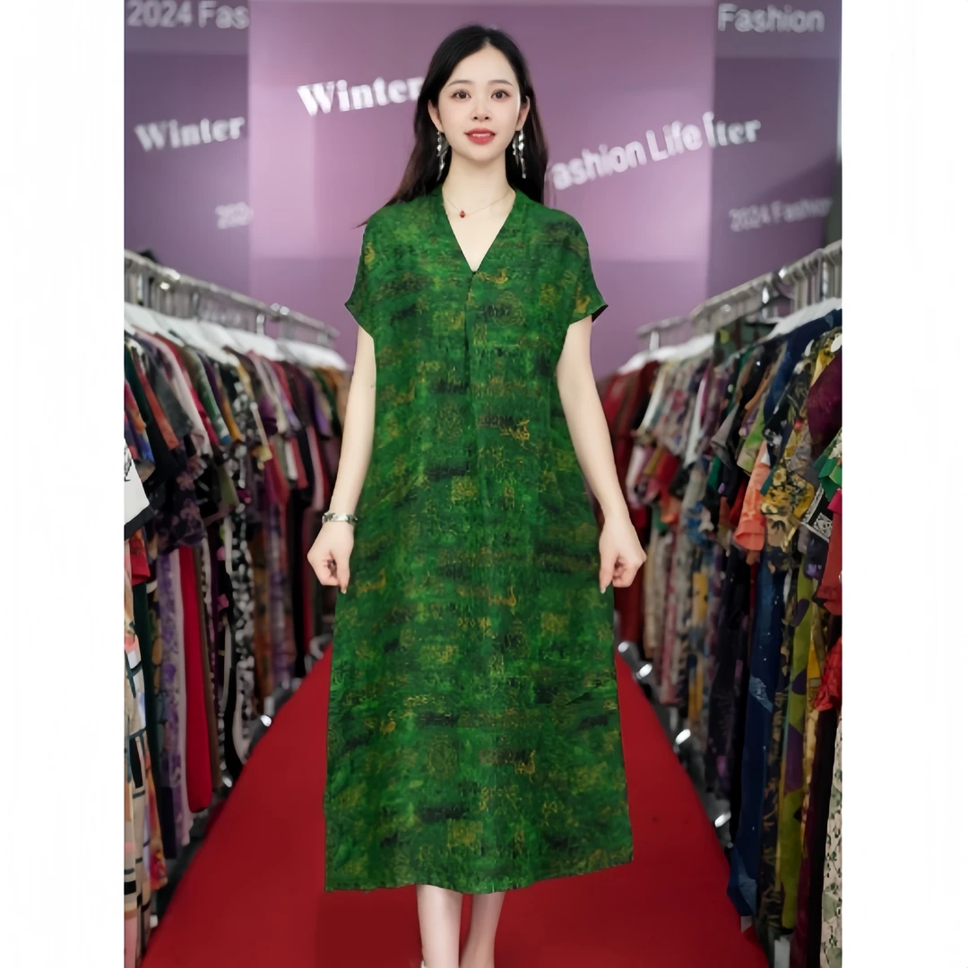 52334 A字裙挂脖式V领短袖连衣裙洋气职场