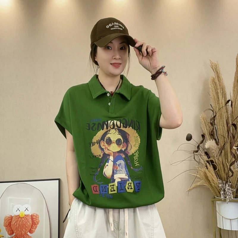 3563#休闲百搭夏季时尚宽松印花潮流小众POLO衫设计感T恤