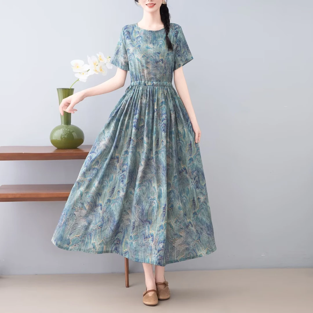 朵朵-夏季新款文艺复古收腰显瘦中长款气质棉麻碎花女装连衣裙子