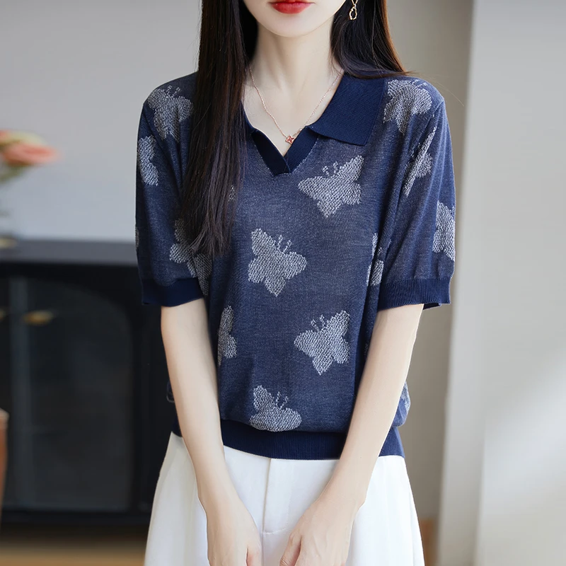 胖mm大码夏季女装宽松显瘦刺绣蝴蝶冰丝针织衫翻领时尚短袖t桖女
