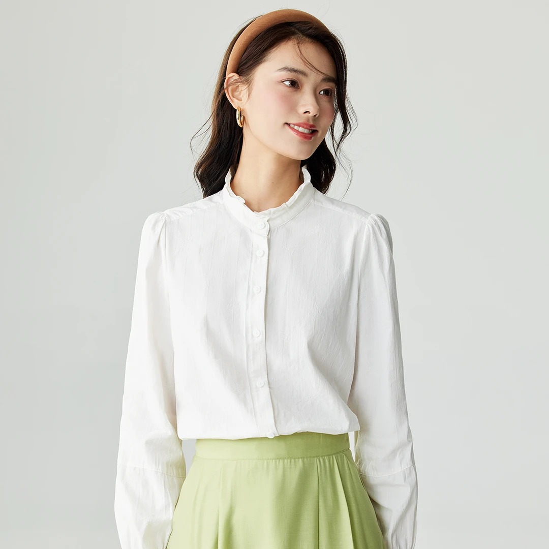 【视频同款】茵曼法式小众立领白色长袖衬衫优雅气质衬衣18438542