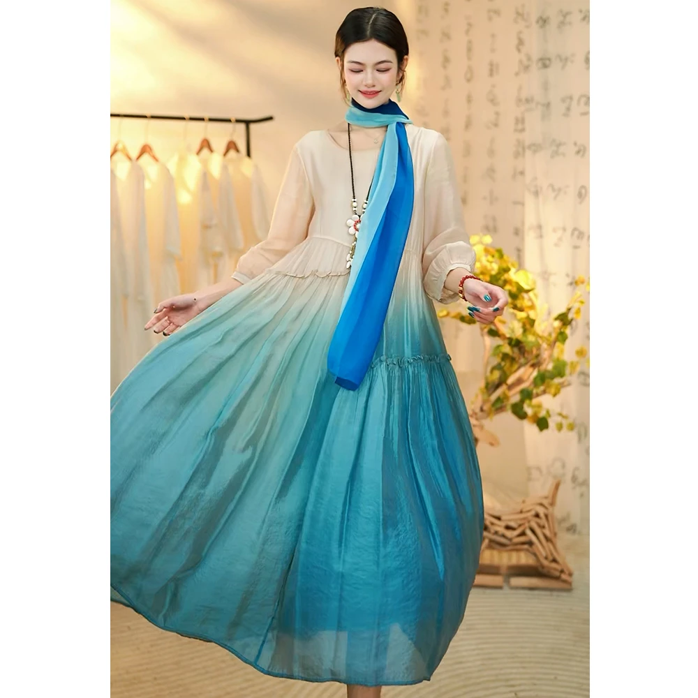 【晴雨原创】国风夏秋季手工吊染仙气显瘦渐变连衣裙-521190