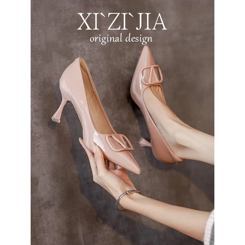 V扣尖头高跟鞋女职业百搭上班鞋女漆皮不磨脚细跟单鞋正装面试