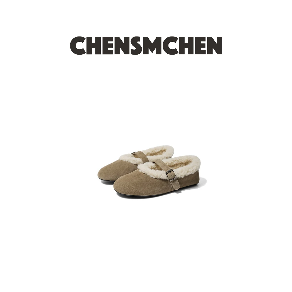 CHENSMCHEN 法式复古圆头皮带扣加绒百搭平底浅口毛毛鞋2