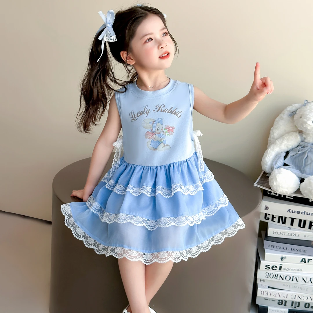 女童连衣裙夏季新款儿童卡通无袖背心裙时髦女孩韩版蛋糕公主裙子