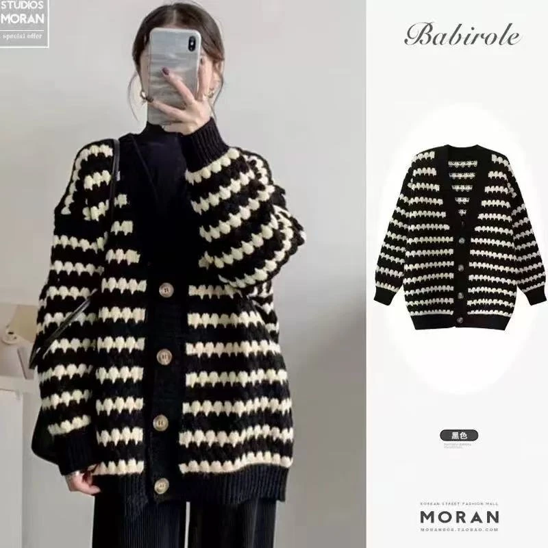 黑白条纹针织毛衣开衫女2025新款秋冬宽松休闲慵懒风