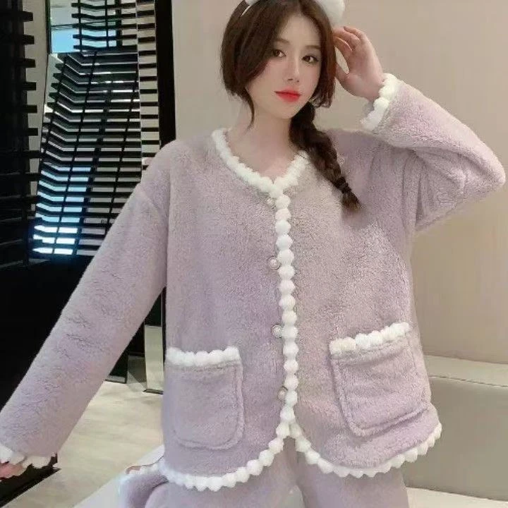 冬季新款珊瑚绒加绒长袖宽松时尚睡衣小香风家居服套装