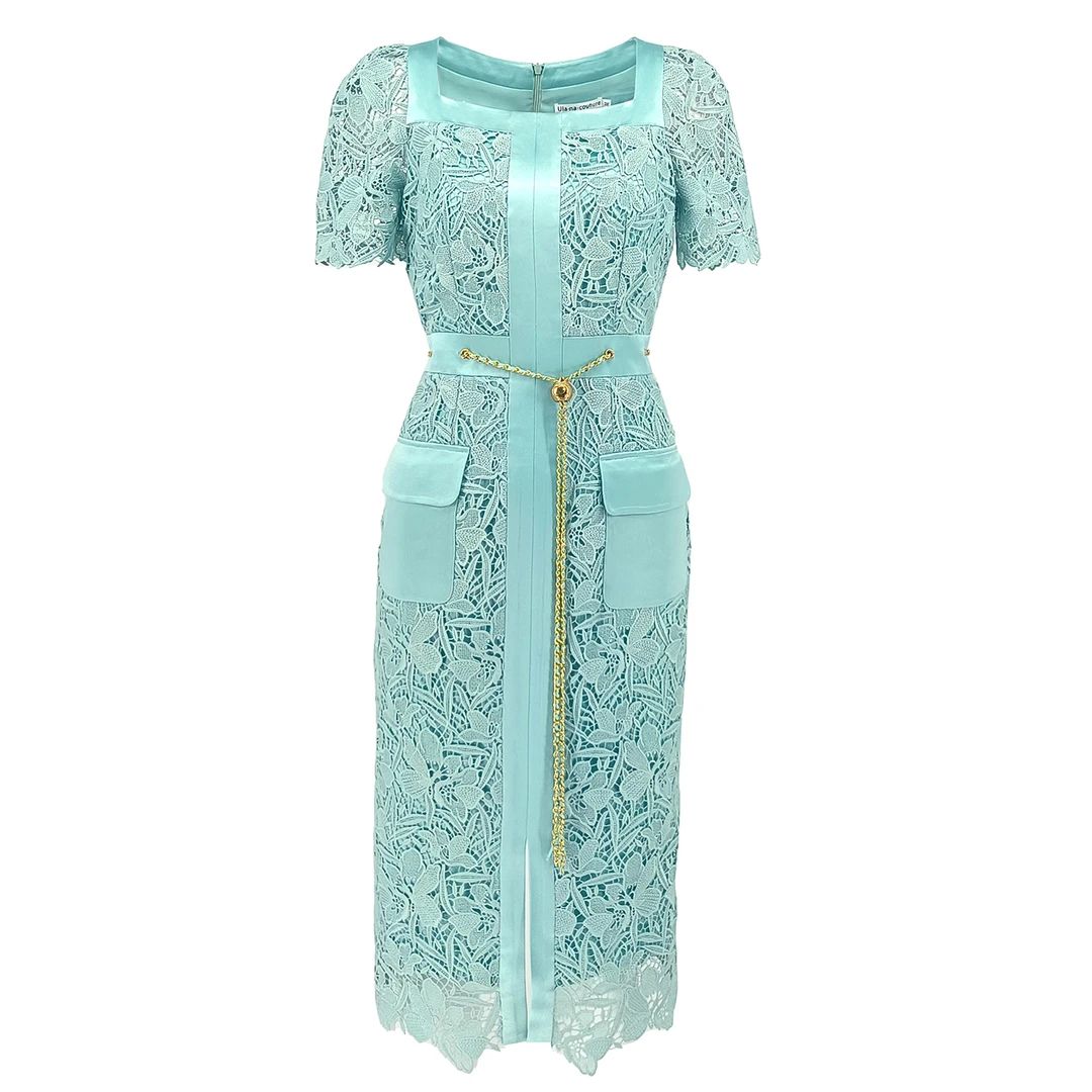 原创设计短袖方领镂空水溶蕾丝连衣裙夏季复古高级优雅醋酸礼服裙